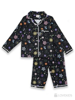 Bộ pijama dài tay họa tiết hoa đen